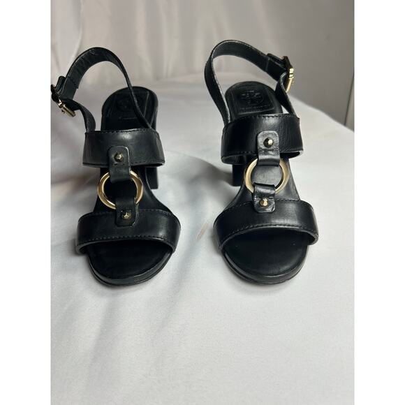 Tory Burch Fletcher Black Leather Heeled Sandal Size 7.5  barely used black - Picture 10 of 11